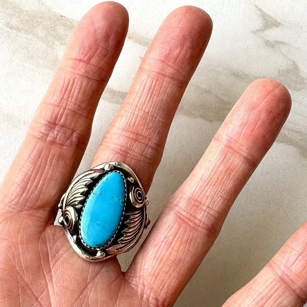 Navajo Turquoise Mens Ring Sz 11 Leaf Feather Signed Morgan Sterling Native Amer